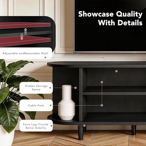 MXV 65" TV Stand with Sliding Doors for Living Room, Mid Century Modern Entertainment Center, TV Console with Fluted Door Cabinets and Power Outlet, Black - Image 4