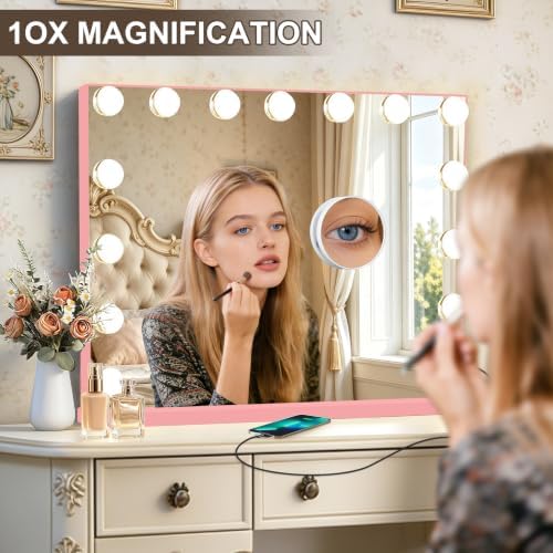 Ratsamee Pink Hollywood Vanity Mirror with Lights, 15 Dimmable Bulbs, 3 Color Lights,Make Up Lighted Mirror, Aluminum Metal Frame, USB Charging Port（23" x 18"） - Image 6