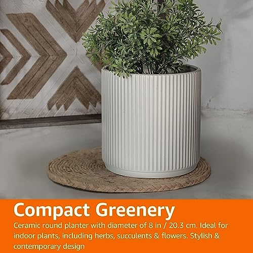 Amazon Basics Fluted Ceramic Planter Pot for Indoor Outdoor Plants, Round Flower Pot with Drainage Hole, 8-inch, White - Image 6