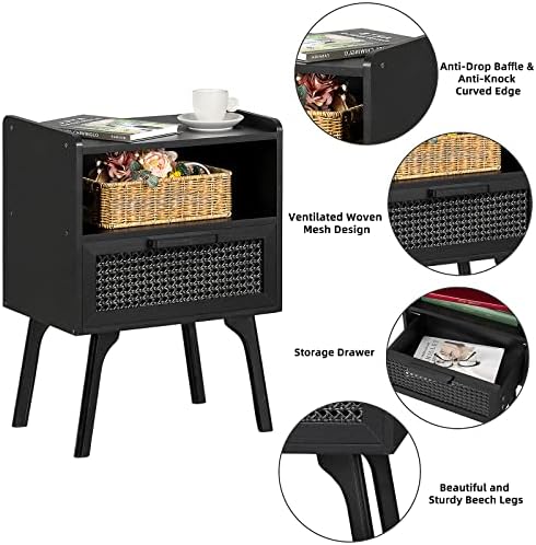 Lerliuo Rattan Nightstands Set of 2, Boho Side Table with Drawer Open Shelf - Image 6