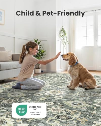 Amada 6x9 Washable Area Rug for Dining Room, Green/Brown, Vintage Pattern - Image 4