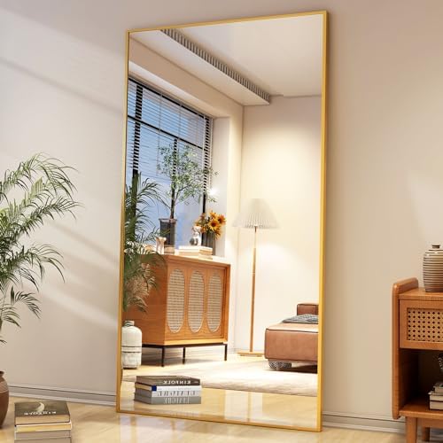 Easly Full Length Mirror with Stand 34"x76" Full Body Mirror Floor Mirror Standing Hanging or Leaning Wall, Wall Mirror with Stand Aluminum Alloy Frame for Living Room Bedroom Cloakroom,Gold by EASLY