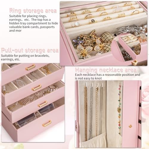 AKOZLIN 6-Tier Jewelry Box Organizer 5 Drawers Storage Extra Large Pink - Image 5