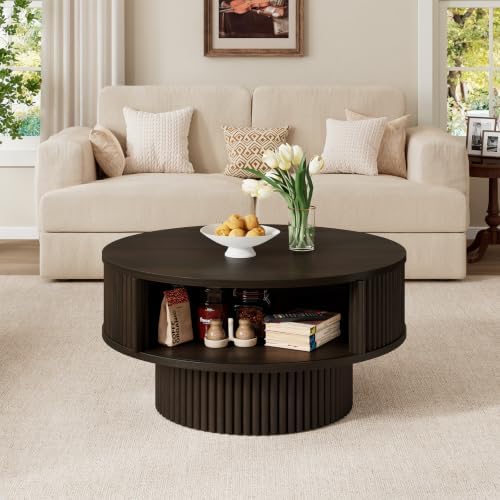 ONBRILL 31.5" Fluted Round Coffee Table with Storage Black - Image 3