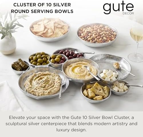 Cluster of 10 Round Serving Bowls Silver Clusters Decorative Elegant Snack Tray for Olives, Chip & Dip, Nuts, Appetizers & Entertaining Strong Brass & Enamel Home Decor Gifts, Parties & Weddings 20.5" - Image 2