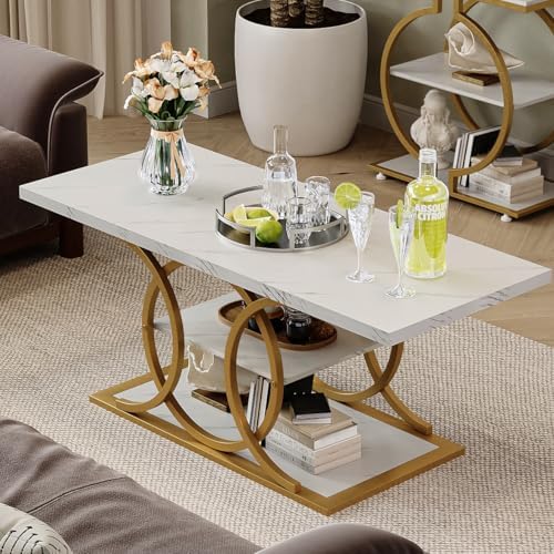 GiftGo Rustic Coffee Table with Storage Modern 3 Tier Center Living Room Table Faux Marble Wooden Rectangle Cocktail Tea Table for Office Bedroom Elegant Full Moon Design (White Gold, L-47) by GiftGoDirect