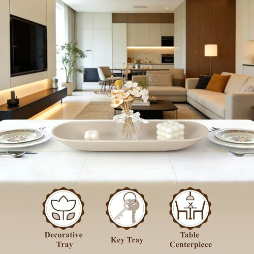 Long Decorative Bowl for Centerpiece, Dough Bowl for home decor 18" Beige - Image 4