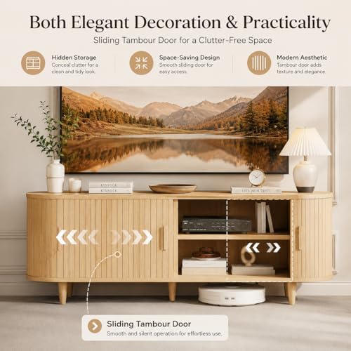 MXV 58" Mid-Century Modern TV Stand with Sliding Doors, TV Consoles with Power Outlet, Fluted Entertainment Center with Adjustable Shelves for Living Room - Image 3