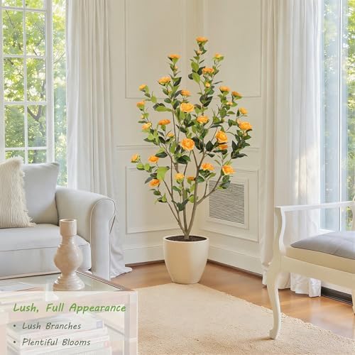 Nafresh 5FT Lush Artificial Orange Camellia Tree Outdoor 2 Pack, 60inch Faux Camellia Plant, Fake Camellia Flowers Tree for Indoor Outdoor Living Room Home Patio Front Door Garden Decor - Image 4