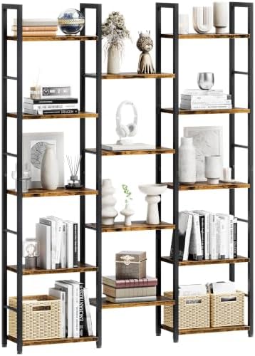 Shintenchi Triple Column 5 Tier Bookshelf, Industrial Large Bookcase Display Shelves, Large Etagere Bookshelf,Wide Book Shelf Book Case for Home & Office, Rustic Brown - Image 3