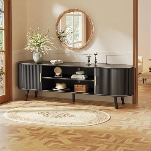 PRAISUN 63 Inch Fluted TV Stand for TVs up to 55, 65 Inch, TV Media Console with Power Outlets and USB-C Port, Entertainment Center with Storage, Curved Sliding Doors, Adjustable Shelf, Black - Image 2