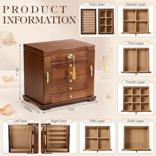 Sintuff 6 Layer Solid Wood Jewelry Box Lockable with Mirror Gift for Women - Image 2