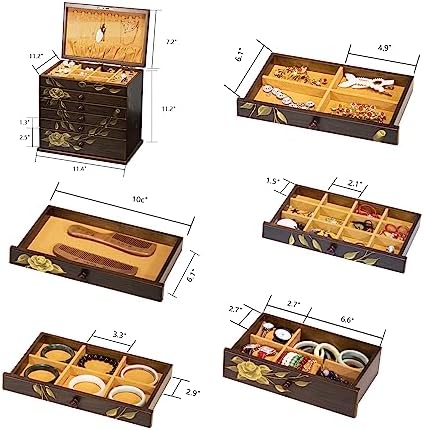 Vintage Wooden Jewelry Box for Women, 7-Layer Hand-painted Organizer - Image 4