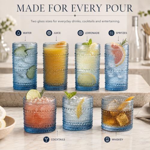 Hobnail Beaded Highball Drinking Tumbler Glasses | Set of 12 | Color, Vintage Bubble Design Whiskey Glassware, Old-Fashioned, Embossed Design for Water, Wine, Cocktail Embossed Heavy Glas, Rocks Glass - Image 5