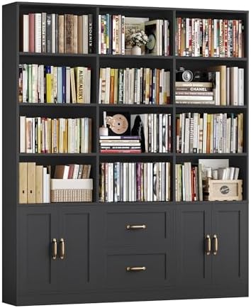 HOSTACK 71" Tall Triple Wide Bookshelf with Storage Drawers & Doors, Black by HOSTACK