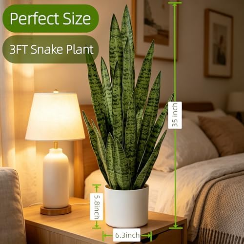 Fake Snake Plant 3FT, 35in Artificial Potted Plant with White Pot - Image 3