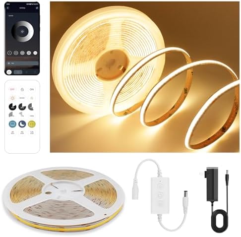 Pandery COB LED Strip Lights Warm White,24V Dimmable led Light Strip KIT with Remote and app Control,2700K 9.84FT/3m 8mm Wide Ra>90 Cuttable Flexible Strip Lights for Bedroom,Wardrobe,Cabinet by PanderyCOBLightUPYourLife