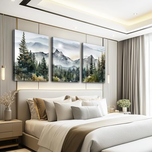 MHARTK66 Large Size Wall Art for Living Room Modern Wall Decor for Bedroom Office Decor Abstract Mountain Forest Landscapes Ink Painting 3 Piece Framed Canvas Art Prints Ready to Hang Wall Pictures - Image 3