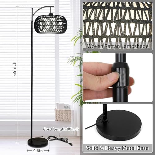 ZECOXOL Arc Floor Lamp with 3 Color Temperatures,Black Floor Lamp with Remote Control, Boho Standing Lamp with Rattan Wicker Shades, Farmhouse Tall Pole Lamp for Living Room Bedroom - Image 6