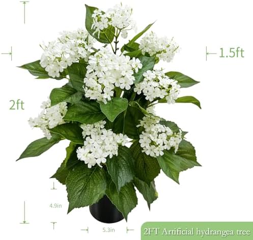 24 Inch Artificial White Hydrangea Potted Plant, 2 Pack Faux Silk Flower Bonsai Tree with Black Planter, Realistic Fake Flower for Tabletop, Shelf, Home Bedroom Office Porch Decor - Image 2