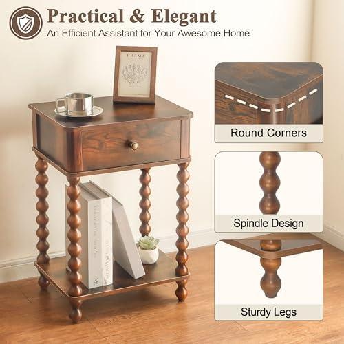 AWASEN Nightstand, Mid Century Modern Night Stand with Drawer for Living Room, Modern Bedside End Table with Spindle Wood Legs for Bedroom, Office, Rustic Brown - Image 4