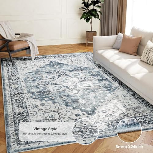 Amada 6x9 Washable Area Rug for Dining Room, Blue, Vintage Pattern - Image 6
