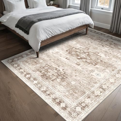 Hazo Haus Washable Neutral Farmhouse Living Room Rug, 5x8 Area Rugs for Bedroom Under Bed, Nursery Room, Boho Vintage Floral Non-Slip Rug Low Pile Stain Resistant (5x8 Beige/Latte) - Image 3