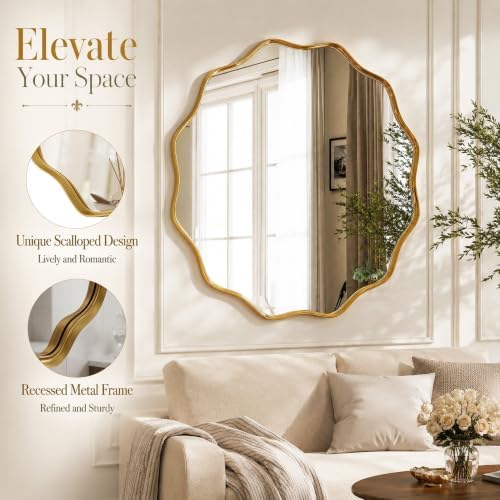 VooBang Gold Scalloped Circle Mirror, 36" Wavy Edge Round Wall Mirror - Image 3
