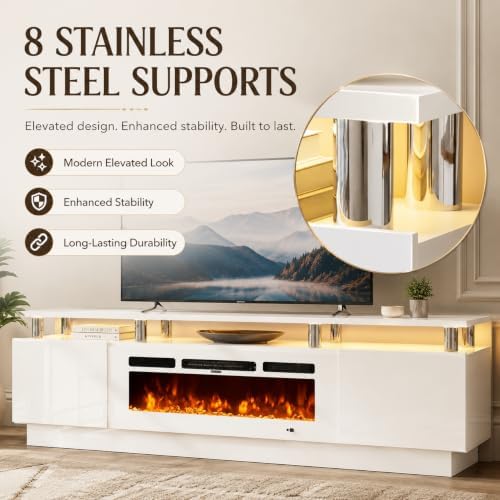 70" TV Stand for Living Room, Entertainment Center & Media Console with Storage, Fits TVs up to 80", Modern TV Cabinet with Shelves, 36" Electric Fireplace (All White) - Image 5