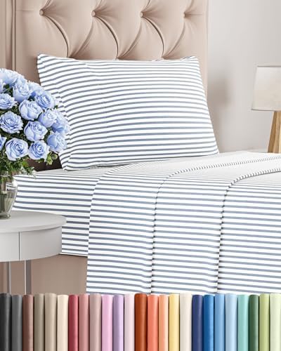 Twin Size 3 Piece Sheet Set - Breathable & Cooling Sheets - Blue Stripes by CGKUnlimited