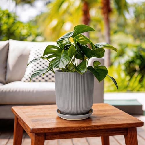 Deep Dream 8 Inch Ceramic Pots for Plants, Heavy Plant Pot for Indoor Outdoor Plants, Large Plant Pot with Drainage Hole and Saucer, Modern Tall Flower Pot, Gifts for Plant Lovers, Grey - Image 2