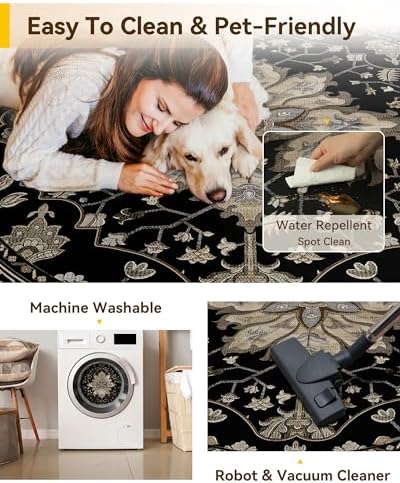 RELEANY Washable Area Rug, Round 7ft, Black/Neutral - Image 4