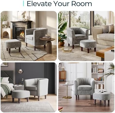 LINSY Accent Chair with Ottoman, Modern Armchair Comfy Barrel Reading Chair with Footrest for Living Room Bedroom Reading Room, Velvet, Light Grey - Image 6