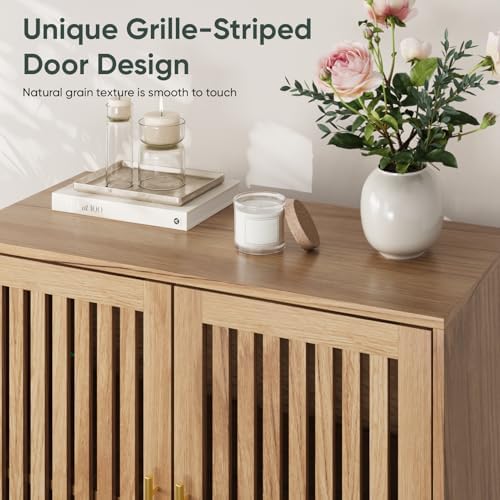 Smart FENDEE Sideboard Cabinet, 31.5" W Farmhouse Buffet Cabinet with Slatted Doors & Adjustable Shelf, Wooden Coffee Bar Storage Station for Kitchen, Dining Room, Living Room, Entryway, Natural - Image 3