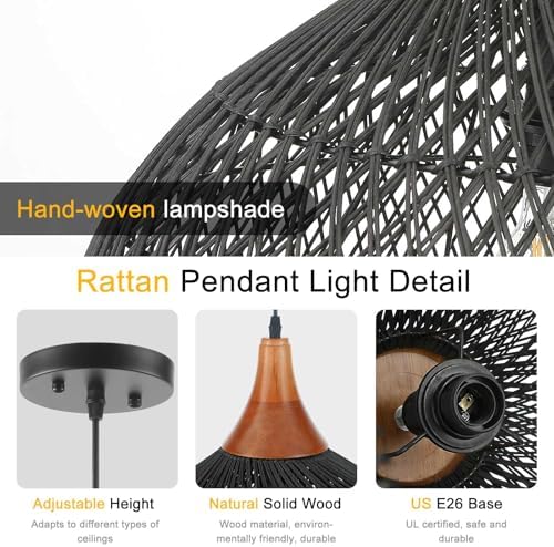 Large Black Rattan Pendant Light, 20" Rattan Chandelier Hand-Woven Wicker Pendant Light Fixtures with Solid Wood, Basket Hanging Lighting for Dining Room Kitchen Island Living Room - Image 2