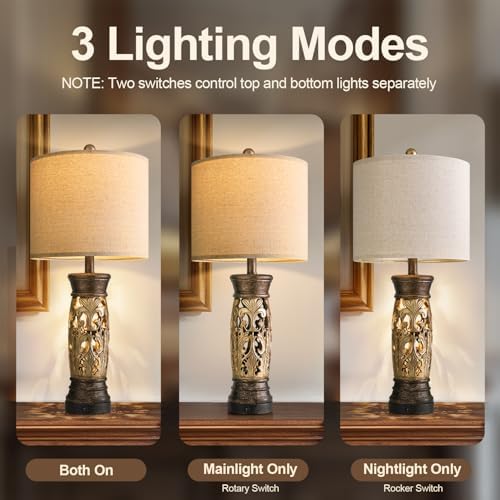 27.25" Antique Gold Table Lamps with Night Light, Bedside Lamps Set of 2 - Image 3