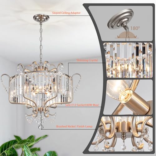 Modern Crystal Chandelier for Dining Room 24" Brushed Nickel Light Fixtures 6-Light Farmhouse Pendant Lighting for Kitchen Island Bedroom Hallway Entryway - Image 4