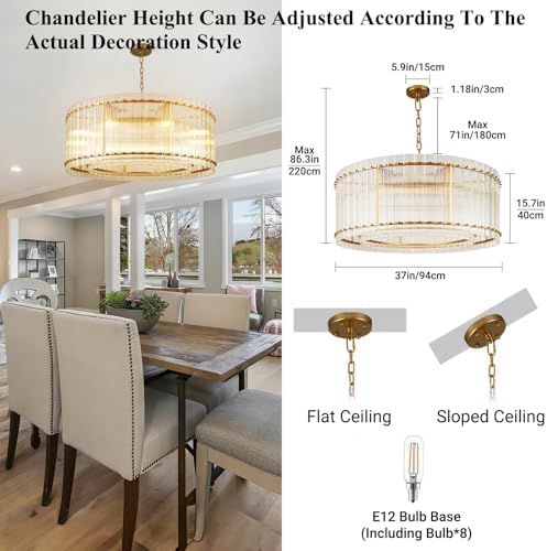37" Modern Gold Round Chandelier,2-Tier 8-Light Water Ripple Crystal Glass Chandeliers,for Dining Room,Living Room,Bedroom,High Ceiling,Foyer Entryway,Luxury Chandelier - Image 2