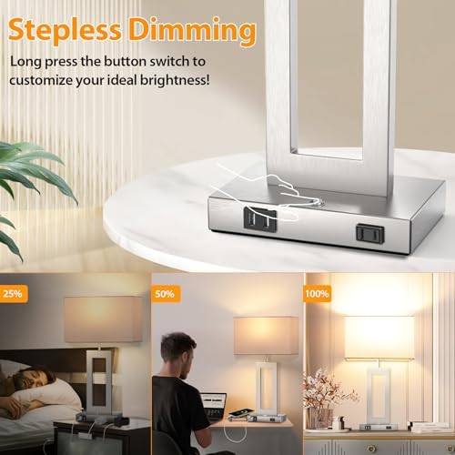 22’’ Touch Control Table Lamps Set of 2, 3 Color Temperatures Bedroom Bedside Lamps, Modern Silver Dimmable Lamps with USB Ports & AC Outlet, Tall Living Room Lamps for Nightstand End Table, 2 Bulbs - Image 3