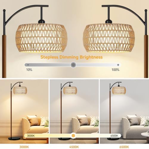 QIYIZM Rattan Floor Lamp for Living Room,Bedroom,Boho Standing Lamp with Remote Dimmable,Wood Vintage Mid Century Modern Black Tall Lamp Wicker Lamp Shade Floor Lights Bohemian Tiffany Style - Image 2