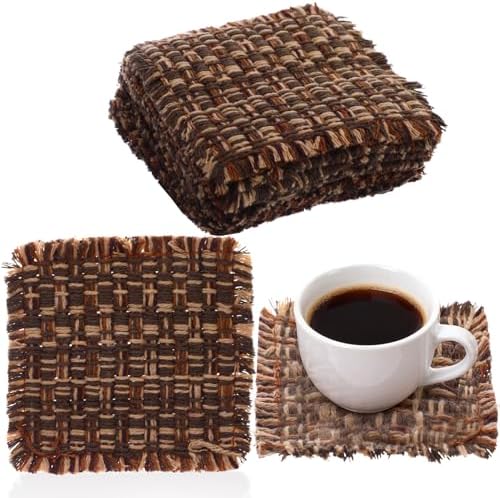 Set of 10 Fabric Drink Coasters, Handcrafted Cotton Woven Coasters for Table, Coastal Farmhouse Table Decor for Coffee Tea Cocktails, Absorbent Soft Desk Coasters for Kitchen Office, Housewarming Gift by NUOBISHI