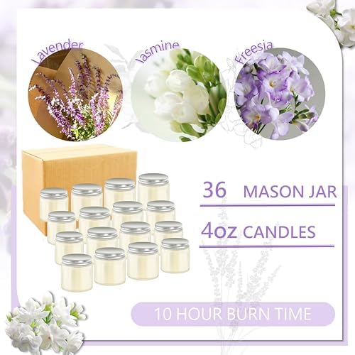 ACITHGL 36 Pcs 4oz Mini Mason Jar Candles Small Scented Candles Bulk Aromatherapy Ideal Souvenir Favors for Wedding Birthday Party (Freesia, Lavender, Jasmine, Silver) - Image 3