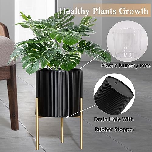 ARNIS Modern Planter Pots, Set of 2 Round Large Planters with Stand, Decorative Planters, Metal Pots with Drainage Holes for Living Room, Office, Garden or Balcony, 8.25 &10.5 Inch, Black & Gold - Image 4