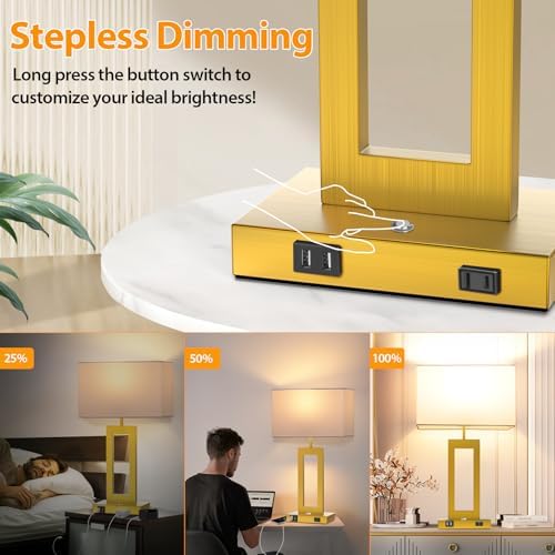 Table Lamps for Bedrooms Set of 2, 27.2’’ Super Tall Modern Gold Lamps for Living Room Nightstand End Tables, Button Touch Control Bedside Lamps with 2 USB Ports, 3 Color Temp. E26 Bulbs Included - Image 4