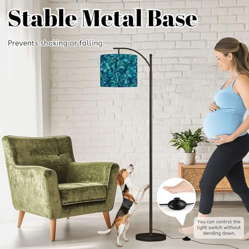 Arc Floor Lamp Teal Blue Floral Paisley Watercolor Dimmable Modern Standing Lamp with Remote Adjustable Drum Shade Footswitch Tall Pole Lamp for Living Room Bedroom - Image 4