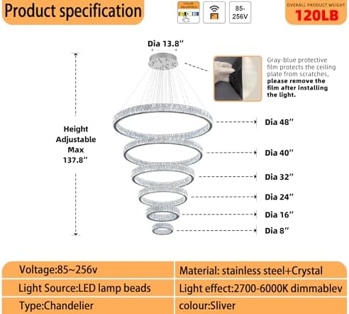 Extra Large 6 Ring Crystal Chandelier Modern LED Long Crystal Chandelier for High Ceiling Height Adjustable D8+15.7"+23.6"+31.5"+39.4"+47.5" Dimmable 2700K-6000K - Image 2