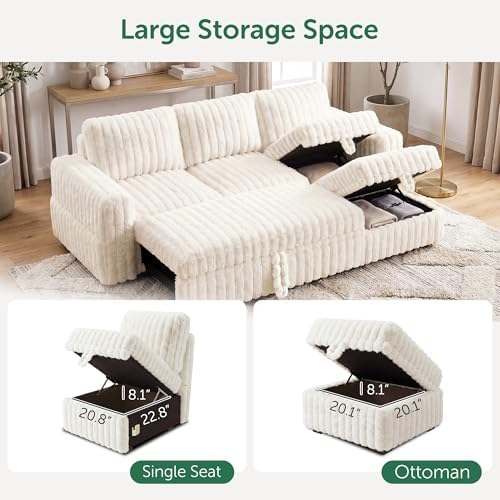 HONBAY Plush Corduroy Modular Sectional Sofa with Pull Out Bed L Shaped Sleeper Sofa with Storage Sectional Couches for Living Room,Plush Beige - Image 3