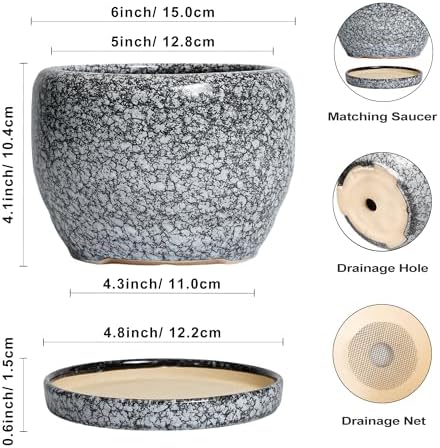 SQOWL Ceramic Pot for Plants - 6 Inch Ceramic Planter for Indoor Outdoor, Decorative Plant Pot with Drainage Hole and Saucer, Round Planter for Flower, Bedroom Decor, Garden Gifts, Black and White - Image 3