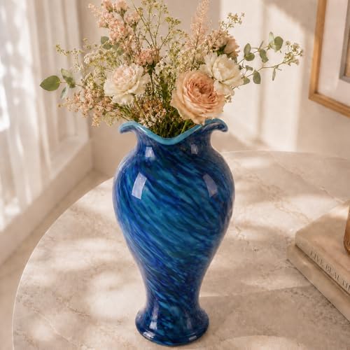 19.7H Murano Hand Blown Glass Vase, Ruffled Scalloped Rim Wide Mouth Colorful Decorative Flower Vase, Large Glass Centerpiece for Living Room, Bathroom, Office, Bookshelf, Entryway,Mantel Decor(Blue) - Image 4