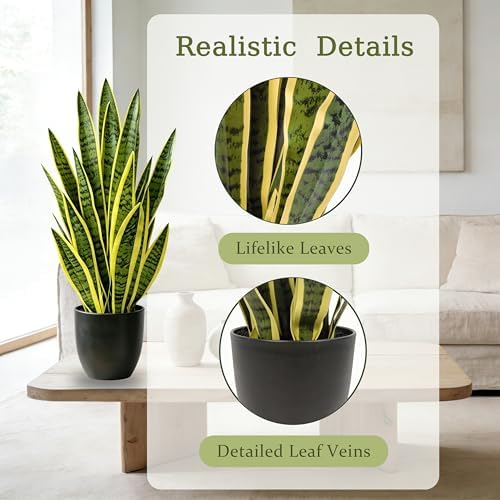 Artificial Snake Plant 2.3FT-2PCS, 27'' Sansevieria Plant with Black Pot, Low Maintenance Mother-in-Law's Tongue for Home Decor Indoor Outdoor, Desk Corner Office Hotel Garden(Yellow-2Pack) - Image 3
